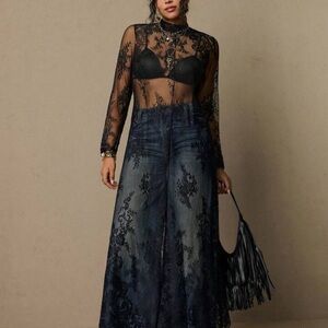 SHEIN Black Sheer Lace High-Neck Long Sleeve Top